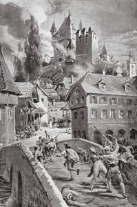 Vypálení hradu Wadenschwyl v roce 1804 (litografie) od Margaret (after) Dovaston