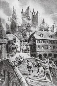 Vypálení hradu Wadenschwyl v roce 1804 (litografie) od Margaret (after) Dovaston