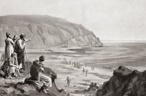 Příchod Féničanů na východní pobřeží Středozemního moře, asi 1500 let př. n. l., z Hutchinsonovy Historie národů, vyd. 1915. od Margaret (after) Dovaston