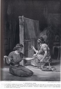 Babylonský tkalcovský stav, ilustrace z Hutchinsonovy "Historie národů" (litografie) od Margaret Dovaston