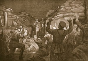 Německý důstojník a čtrnáct jeho mužů prosí poručíka Leache o milost (litografie) od Margaret Dovaston