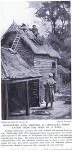 Bombometčík King asistuje při dělostřeleckém pozorování ze střechy stodoly za řekou Lys říjen 1914 (litografie) od Margaret Dovaston
