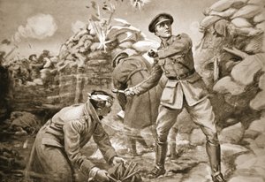 Kapitán Vickers drží nepřítele na uzdě, zatímco se za ním staví bariéra (litografie) od Margaret Dovaston