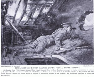 Rotmistr Barwick při odstřelování z rozbořené chaty v Ghehuveltu říjen 1914 (litografie) od Margaret Dovaston