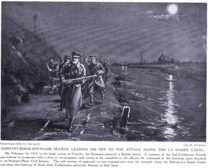 Rotmistr major Seaman vede své muže podél kanálu La Basse v únoru 1915 (litografie) od Margaret Dovaston