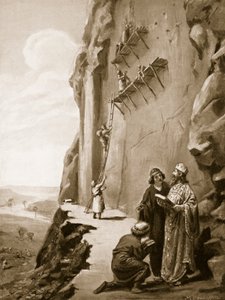 Darius dohlíží na svůj nápis v Behistunu, ilustrace z Hutchinsonových Dějin národů. od Margaret Dovaston