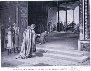 Geoffrey de Langley s Bar Saumou před Arghun Chánem 1288 n. l. (litografie) od Margaret Dovaston