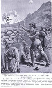 Jak vojín Vaughan získal DCM v Lone Pine Dardanely srpen 1915 (litografie) od Margaret Dovaston