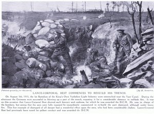 Desátník Best vyznamenán DCM za zahájení obnovy zákopu u kanálu Yser pod těžkou palbou srpen 1915 (litografie) od Margaret Dovaston
