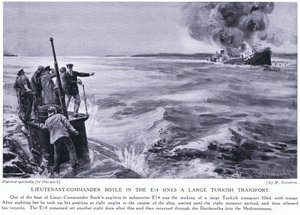 Nadporučík Boyle v E14 potápí velký turecký transportér 1915 (litografie) od Margaret Dovaston