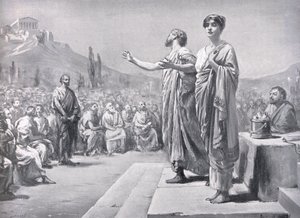 Perikles prosí o Aspasii, ilustrace z Hutchinsonových Dějin národů. od Margaret Dovaston