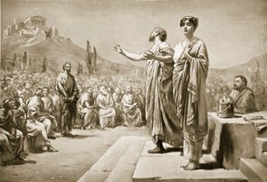 Periklés prosí o Aspasii, ilustrace z Hutchinsonových Dějin národů. od Margaret Dovaston