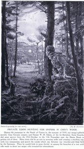 Vojín Edom loví odstřelovače v Chivy Wood, podzim 1914 (litografie) od Margaret Dovaston