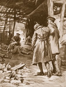 Vojín J. S. Kerr poskytuje první pomoc raněným na těžce ostřelované farmě (litografie)