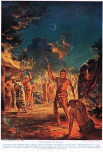 Vypálení Lagaše, ilustrace z Hutchinsonovy "Historie národů" (barevná litografie)