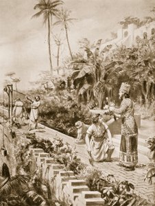 Babylonské visuté zahrady, ilustrace z Hutchinsonovy "Historie národů" (litografie) od Margaret Dovaston