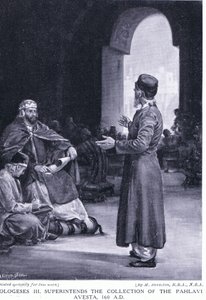 Vologeses III. dohlíží na sbírku pahlavské Avesty 160AD (litografie) od Margaret Dovaston