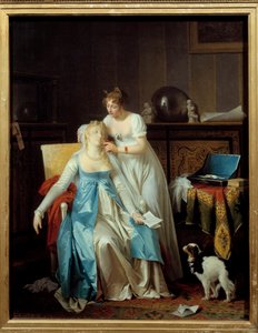 Špatné zprávy Dívka oblečená v módě Premier Empire omdlí, když si přečte dopis oznamující neštěstí. Obraz Marguerite Gerard (1761-1837) 1804 Ne. 0,63x0,5m