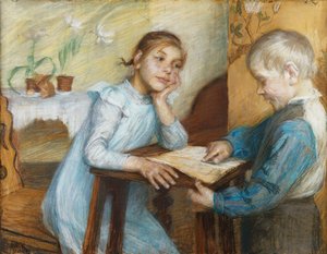 Interiér s chlapcem, který čte dívce, 1912