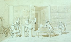 Antoine Lavoisier (1743-94) a jeho Experimenty s dýcháním (pero a inkoust a sépie na papíře) od Marie Anne Pierrette Lavoisier