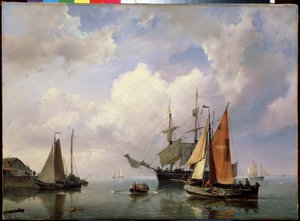 Přímořská krajina. (Přímořská krajina). Obraz námořník Adrian Koekkoek (1807-1870). Olej na plátně. holandské umění. Státní skanzen Peterhof, Petrohrad.