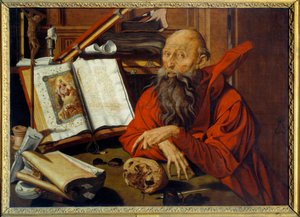 Saint Jerome Meditant - Obraz (Vanita) od Marinuse Claeszoona van Reymerswaele (1493 - 1567) Ec. Hol.