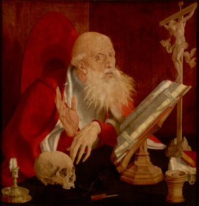 Saint Jerome dans sa cellule - Svatý Jerome ve své cele, Reymerswaele, Marinus Claesz, van (asi 1490-po 1567). Olej na dřevě, cca 1545. Rozměry: 84,3x82,5 cm. Národní muzeum Brukenthal, Sibiu