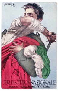 Italský voják brání trikoloru s taseným mečem. Propagační dopisnice Národní půjčky, cca 1915-18 (pohlednice)
