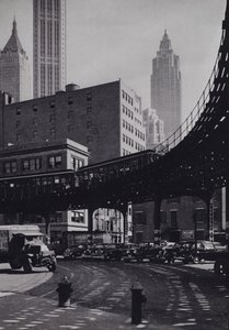 Manhattan: Coenties Slip, nadzemní dráha (č/b foto)
