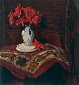 Koberec a váza s červenými liliemi, Mario Puccini (1869-1920), olej na plátně, 64x59 cm. od Mario Puccini