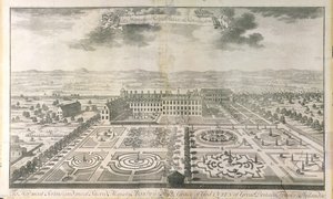 Pohled z ptačí perspektivy na zahrady Kensingtonského paláce, rytý Johannes Kip (c.1652-1722) hospoda. od J. Smith, 1724 od Mark Anthony Hauduroy