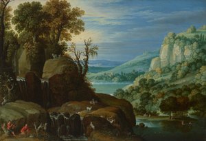 Rozsáhlá říční krajina s kozlíky hrajícími na píšťaly u vodopádu, daleký výhled na jezero a město za ním.