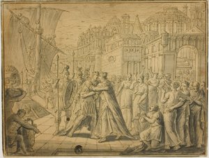 Dido a Aeneas se objímají před branami Kartága od Marten de Vos