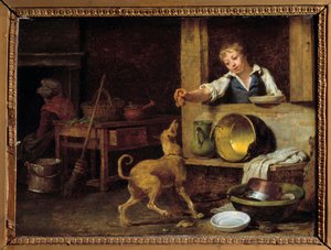 Interiér kuchyně Mladý sluha dává psovi zbytky. Obraz Martina Drollinga (1752-1817) 19. století Orleans, Museum of Fine Arts