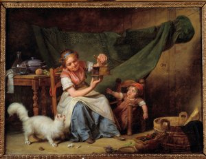 Žena a myš Dívka drží lapač myší před kočkou a dítětem. Obraz Martina Drollinga (1752-1817) 1798 Ne. 0,25x0,35 m Orléans. Muzeum výtvarných umění