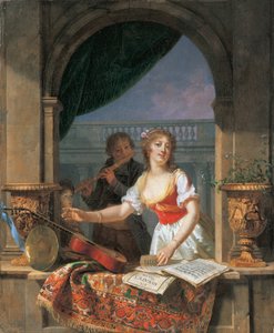 Mladá dáma sahá po kytaře u kamenného křídla a chlapec hrající na flétnu, 1796-97