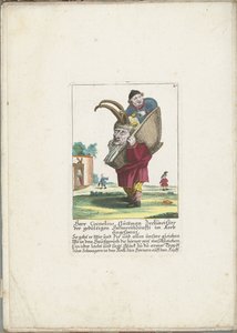 De dwerg Cornelius Guttman jako hoorndrager, asi 1710 Pan Cornelius Guttman opilec trpělivého cechu paroháčů zapřažený v koši (titul na předmětu) Il Callotto resurcitato aneb nově zařízený malý kabinet (název série) od Martin Engelbrecht (attributed to)