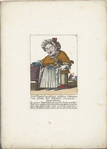 De dwerg Frau Agatha Zipperlingin met Hondje, asi 1710 Paní Agatha Zipperlingin, rozená Castaunin von Falten und Zeckerthal, známá psí matka (titul na předmětu) Il Callotto resurcitato aneb nově zařízený malý kabinet (název série) od Martin Engelbrecht (attributed to)