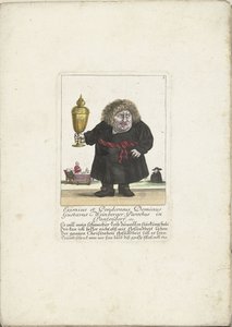 Trpaslík Gustavus Weinberger jako klerik s pohárem, kolem roku 1710 Eximius et Ponderosus Dominus Farnost Gustavus Weinberger v Panzendorfu aj. (název na objektu) Il Callotto resurcitato oder Neu eingerichts Zwerchen Cabinet (název série) od Martin Engelbrecht (attributed to)