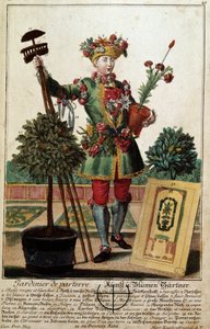 Zahradník. Rytina Martina Engelbrechta (1684-1756), v „“New Assembly of the manouvries habilles”” 18. století, Německo. Paříž, dekorativní umění od Martin Engelbrecht