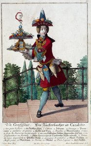 Cukrář: mladý muž držící tác s cukrovinkami a cukrovinkami. Rytina Martina Engelbrechta (1684-1756) 18. století. Paříž, dekorativní umění