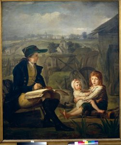 Werther dessine des enfants, ilustrace du roman ""Smutky mladého Werthera"" (Les Souffances du jeune Werther) od Johanna Wolfganga von Goethe (1749-1832) - Werther kreslí děti - Olej na plátně od Martina Ferdinanda Quadala (1736-1808 )