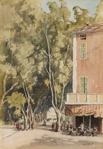 „Avenue rovinných stromů, Vaison“, Vaucluse, říjen 1933 (inkoust a akvarel na papíře) od Martin Hardie