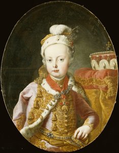 Portrét arcivévody Josefa, pozdějšího rakouského císaře Josefa II., poloviční délka, ve zlatém vyšívaném růžovém sametovém kabátku s hermelínovým lemováním, opeřená čepice zdobená broží a v Řádu zlatého rouna,