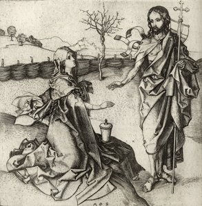 Náš Spasitel se zjevuje Marii Magdaleně v zahradě, z „Katalogu sbírky rytin, leptů a dřevořezů“, od Richarda Fishera, vydaného v roce 1879 od Martin Schongauer