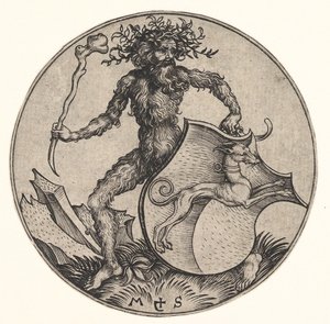Shield with Greyhound Hold by Wild Man, ca. 1435-1491. od Martin Schongauer