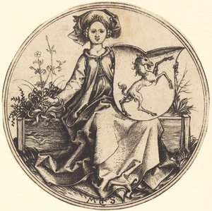 Štít s jednorožcem, držený ženou od Martin Schongauer