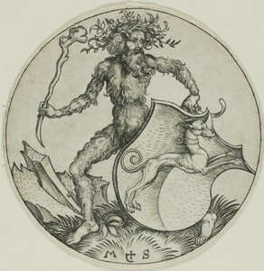 Štít s chrtem, držený divokým mužem od Martin Schongauer