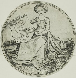 Štít s labutí, držený sedící dámou od Martin Schongauer
