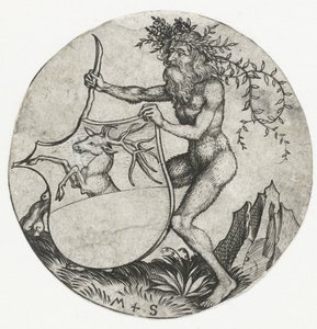 Erb s jelenem, který drží divoký muž s kyjem Figurky s erby (název série) od Martin Schongauer